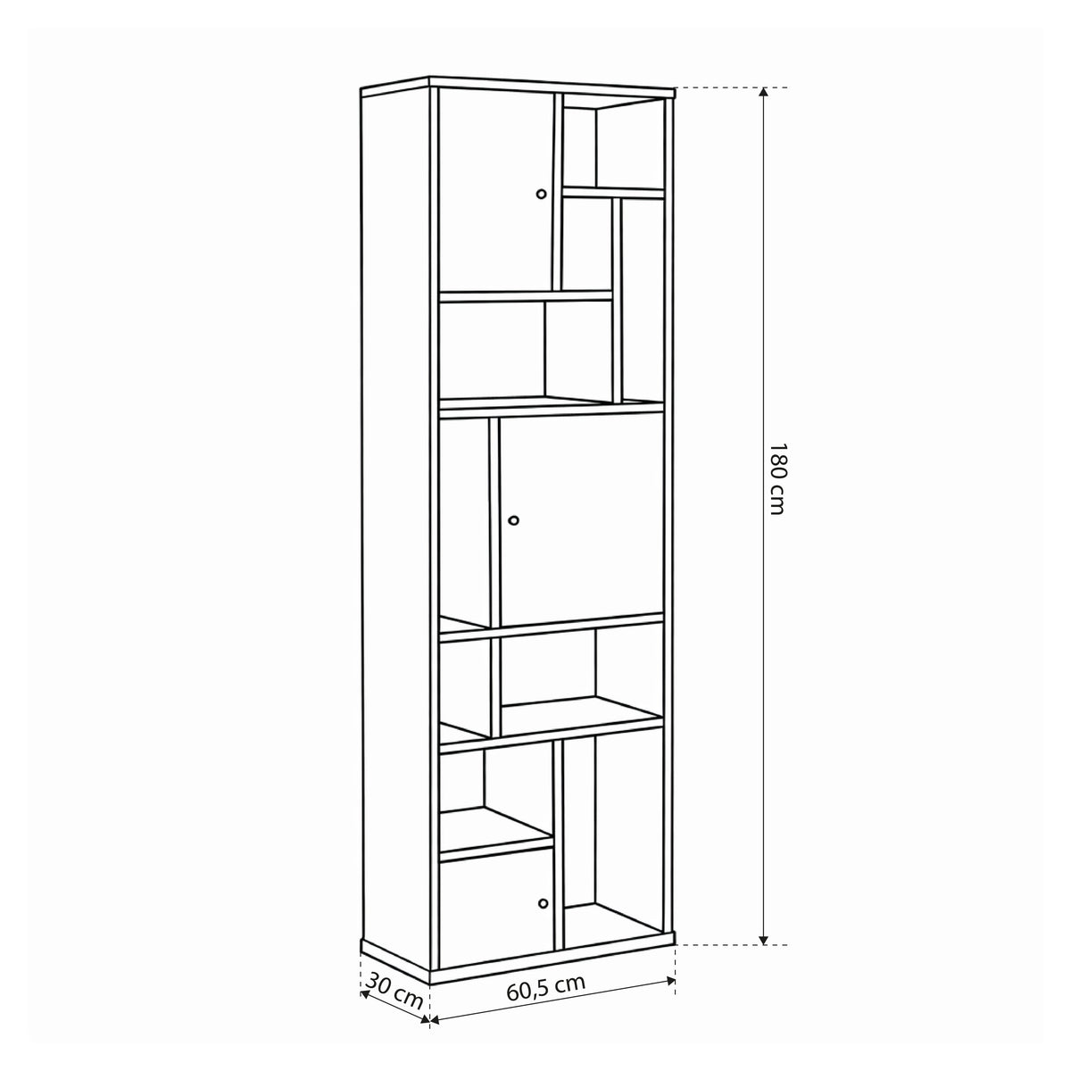 Asymo-reol i træ, 61x180, med aflåselige hylder – tegning med mål