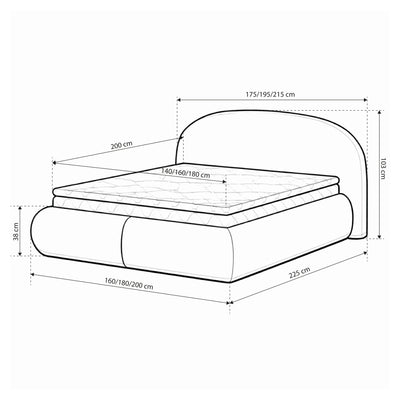 Glori-polsterseng 140/160/180 x 200 med opbevaringsrum i moderne stil – tegning med mål