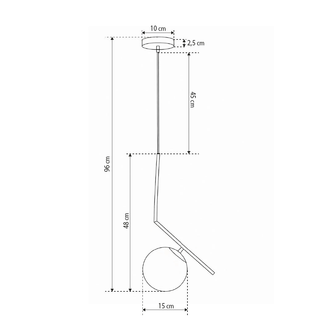 Lampa Orbitella wisząca z kulistym kloszem na ramieniu w stylu nowoczesnym – rysunek z wymiarami