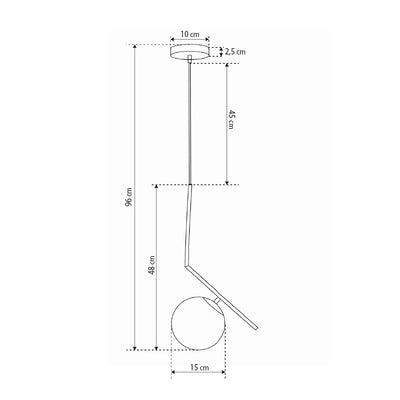 Lampa Orbitella wisząca z kulistym kloszem na ramieniu w stylu nowoczesnym – rysunek z wymiarami