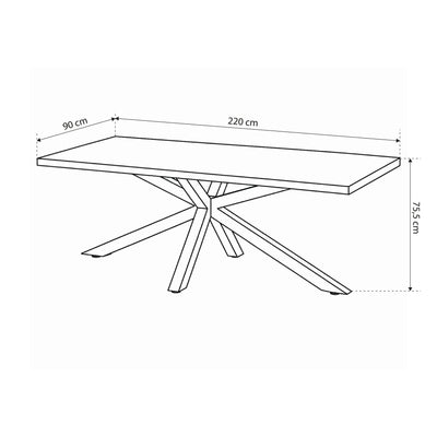 Oryss Oak spisebord 220x76 i industriel stil – tegning med mål