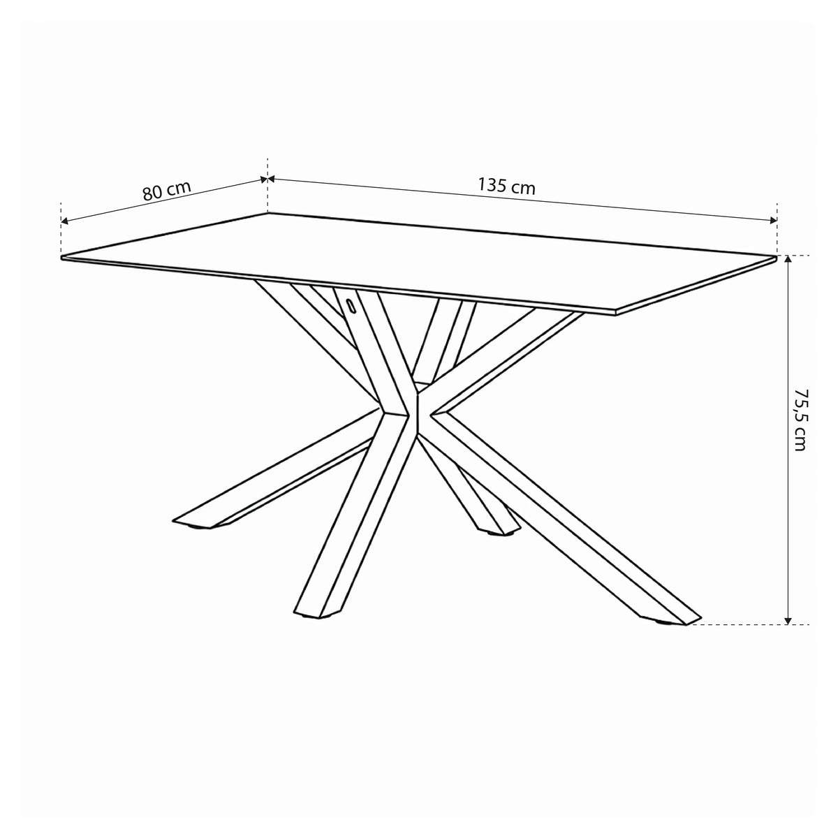 Oryss-spisebord 135x80 i moderne stil – tegning med mål
