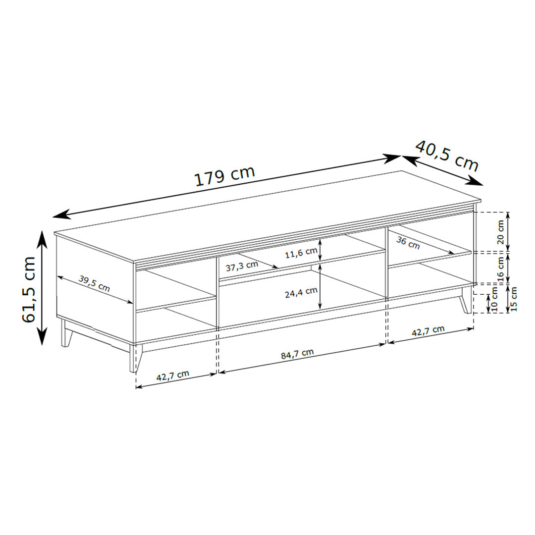 Serena TV-bord 179x62 med fræsede fronter i modern classic-stil – tegning med mål