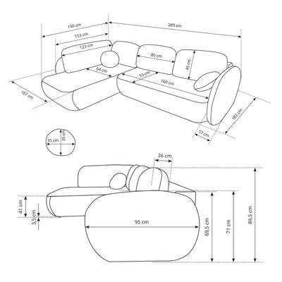 Olemo-hjørnesofa med sovefunktion, 123 x 250, i stilretningen »organic modern« – tegning med mål