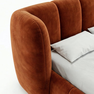 Ventara-polstret seng med quiltet overflade og opbevaringsrum i soft modern-stil – nærbillede af detaljer og tekstur